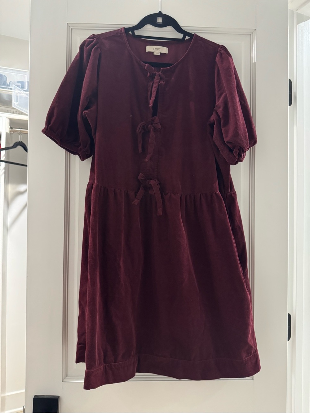 LOFT Burgundy Velvet Tie-Front Puff Sleeve Dress